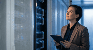 IT security manager reviewing server infrastructure on a tablet during a legacy VPN to ZTNA migration