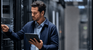 Network engineer in a server room planning a Cisco ASA firewall decommissioning to SASE