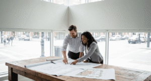 Network lead and colleague planning a branch-site WAN migration with printed site plans at a glass office wall