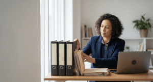 Compliance-officer die audit-bewijs (mappen) klaarlegt