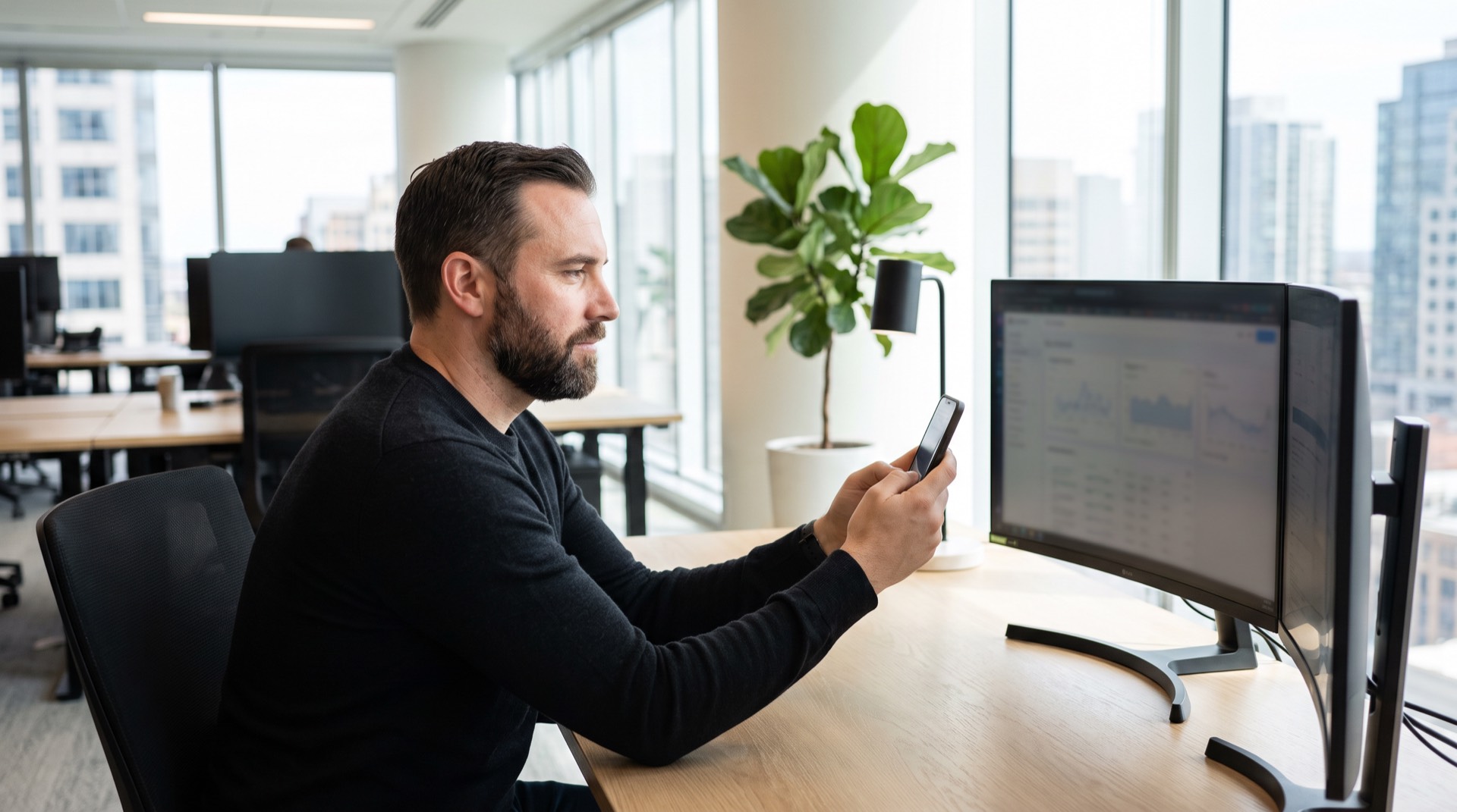 Security engineer at a two-monitor desk in an ordinary office reviewing a network diagnostics screen while holding a phone