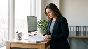 IT manager in a small office reviewing a printed inventory list next to a monitor showing a spreadsheet of expiry dates