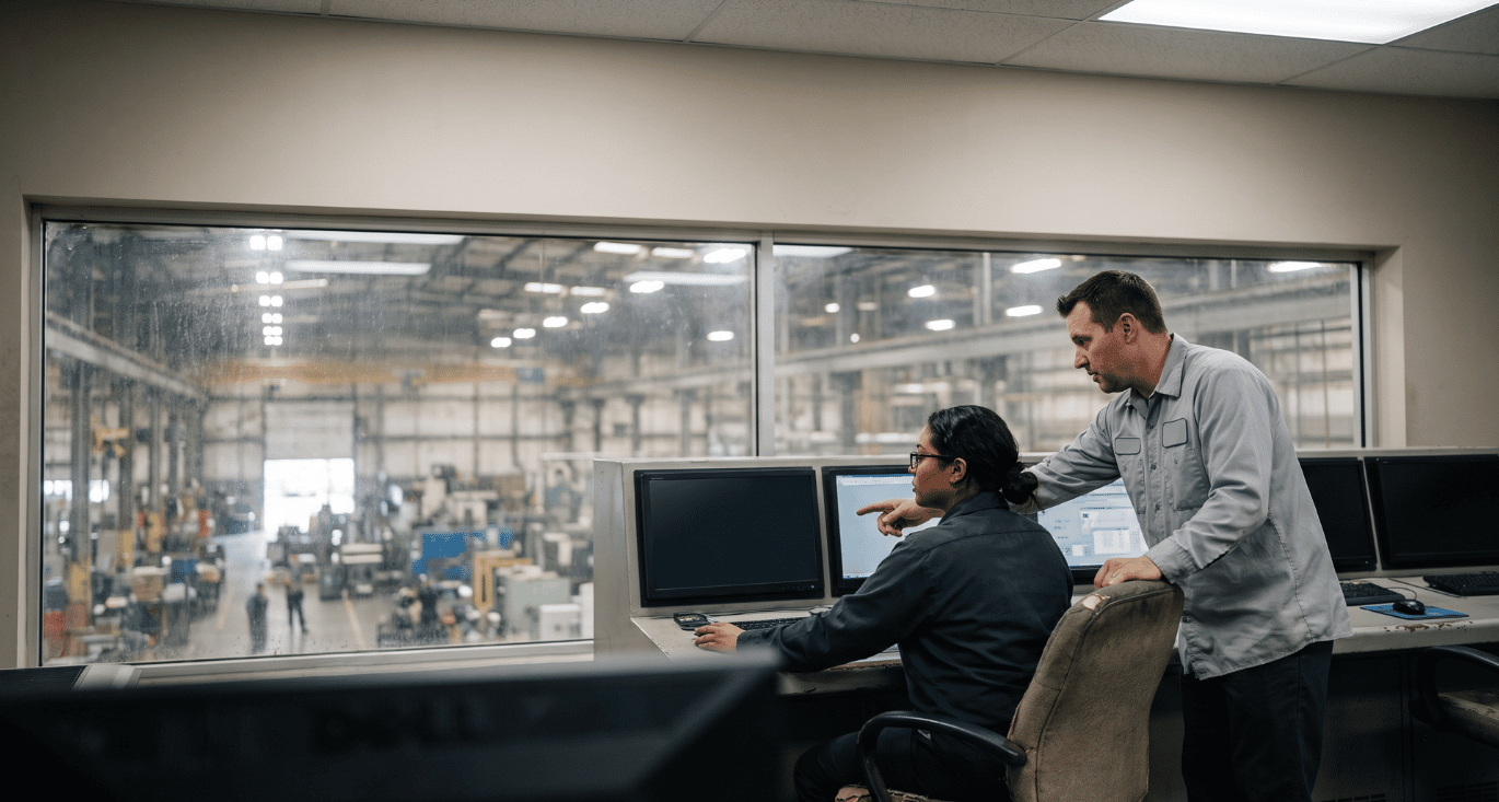 OT engineer and colleague reviewing screens in an industrial control room overlooking a factory floor