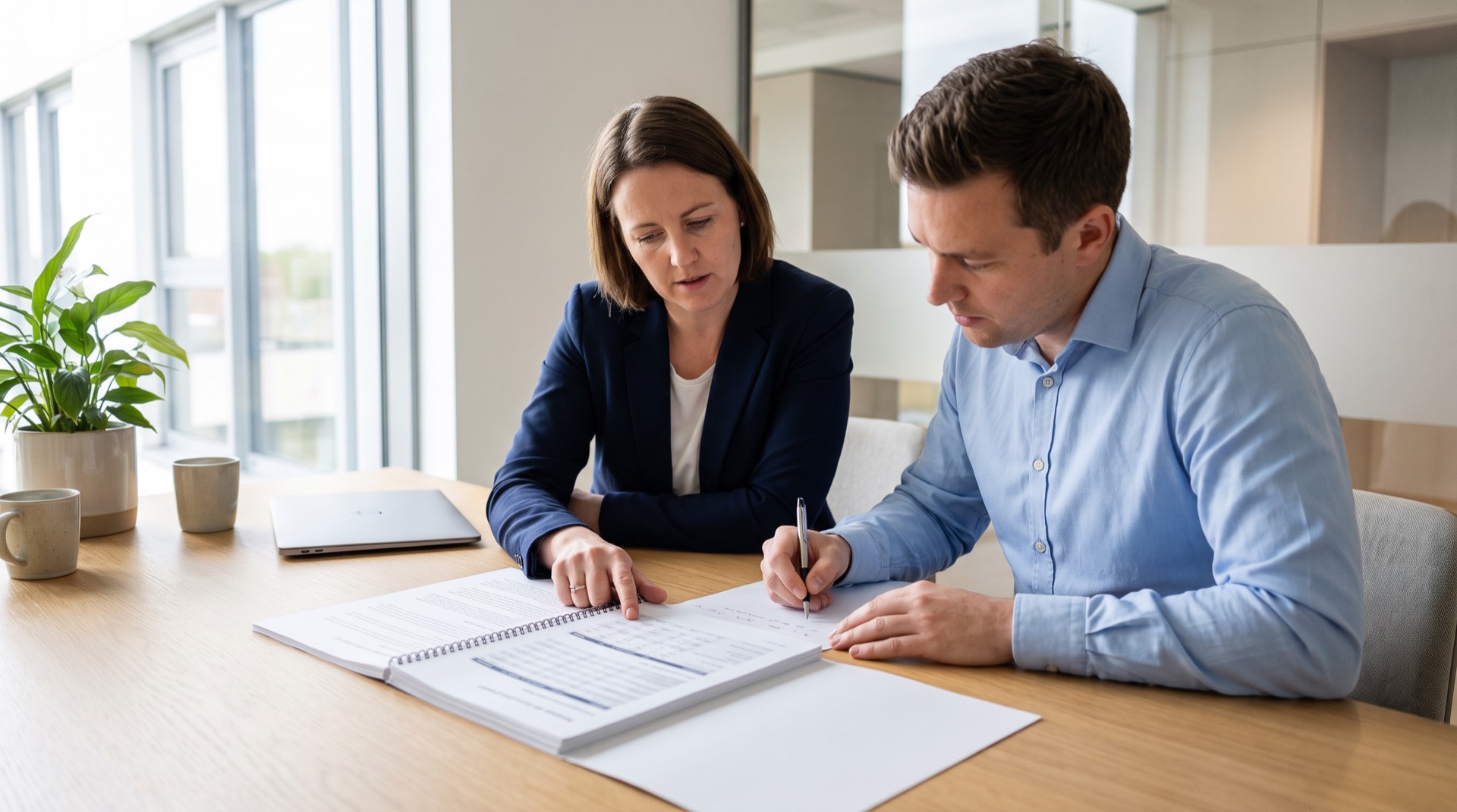 Compliance manager and IT lead reviewing a printed framework document together at a bright modern office table
