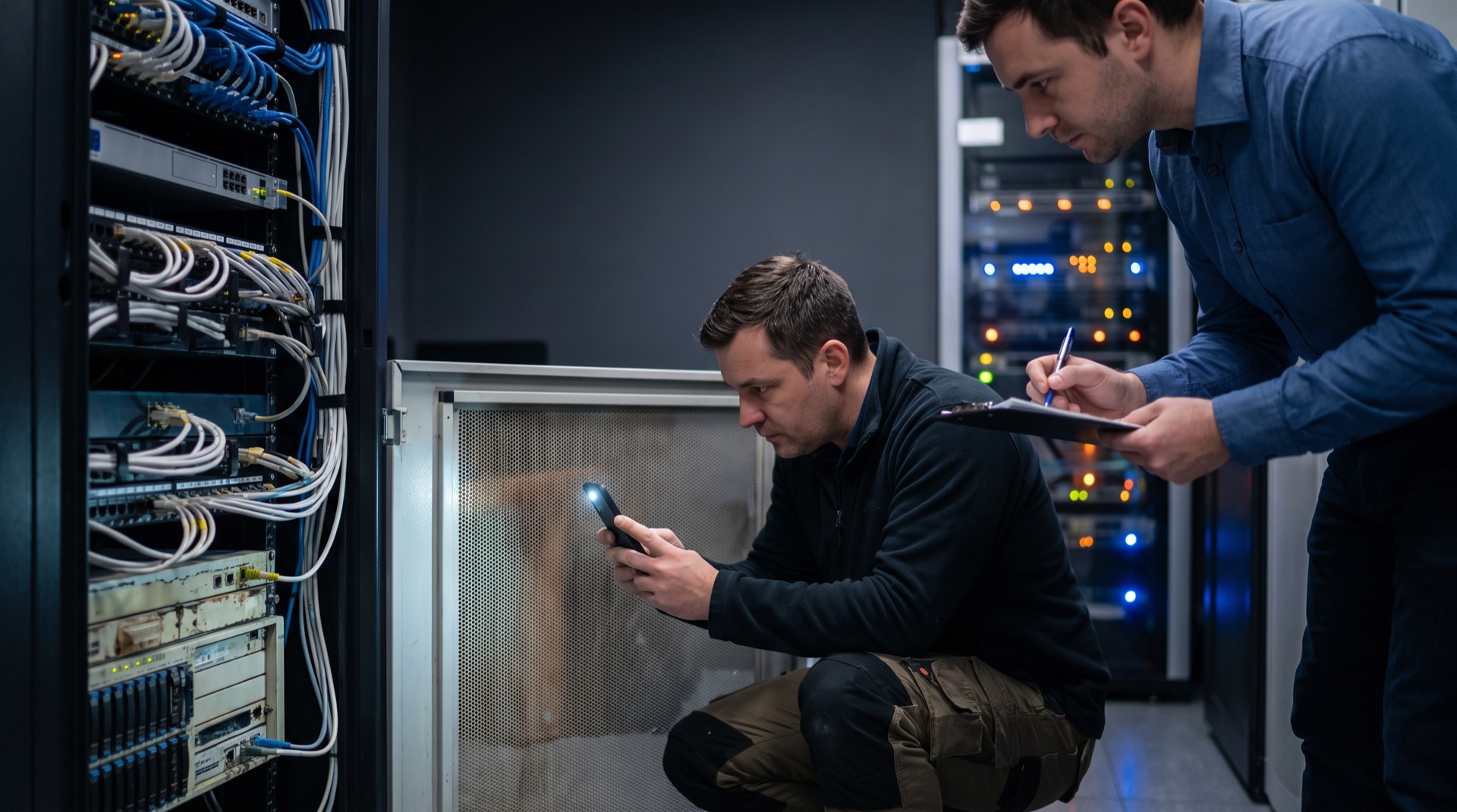 IT engineer inspecting an ageing firewall appliance in an open network cabinet while a colleague takes notes