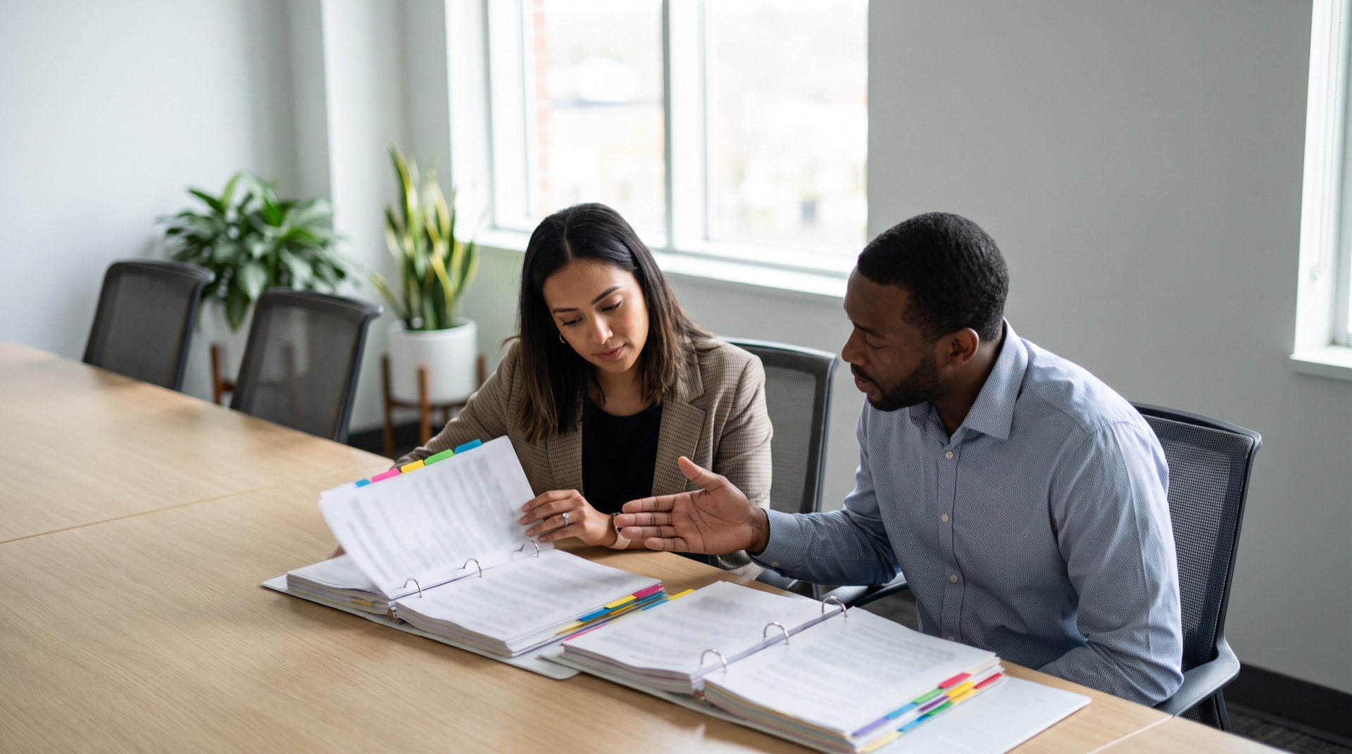 Compliance officer and IT manager comparing two thick document binders side by side at a bright office desk