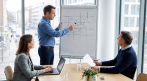 Small cross-functional team in a bright meeting room working through a printed risk matrix on a table with laptops open