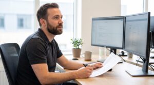 IT manager at a bright desk reviewing an application inventory on screen while making notes on a printed list