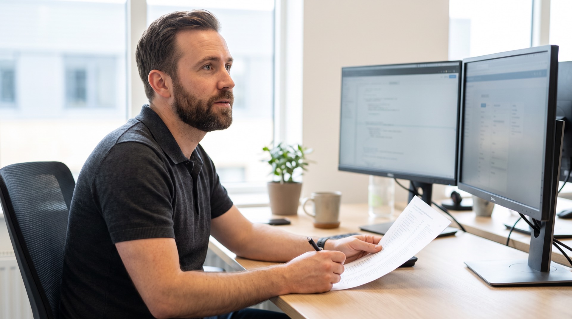 IT manager at a bright desk reviewing an application inventory on screen while making notes on a printed list