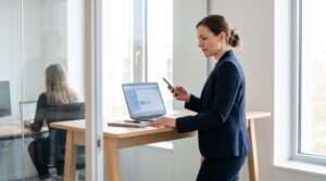 Security lead reviewing a browser policy document on screen in a bright modern office, colleague working in the background