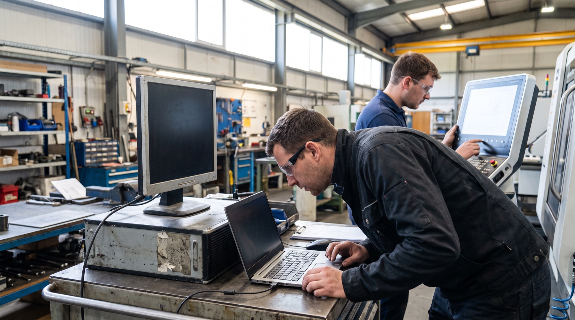Technician running diagnostics on an older industrial workstation on a production floor beside newer equipment