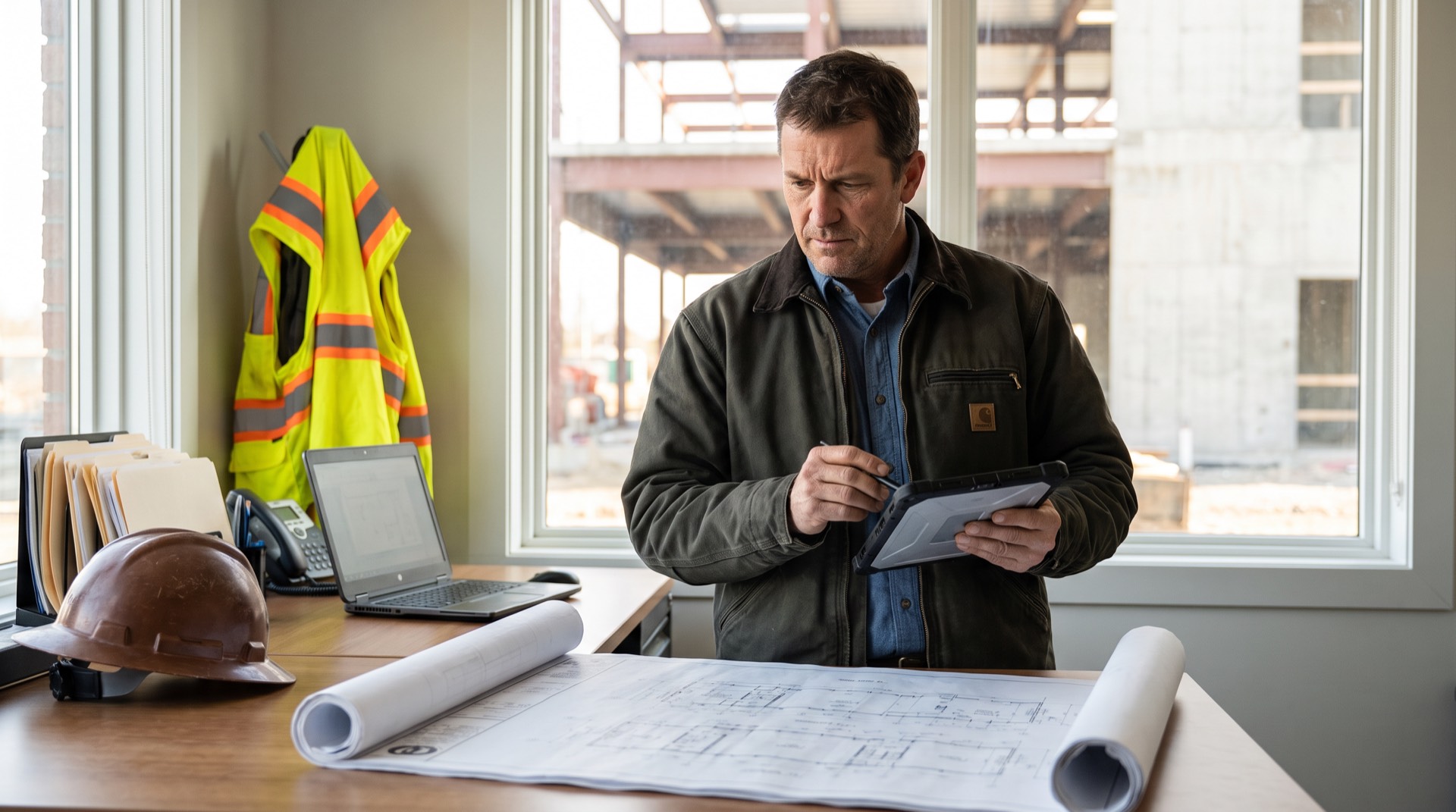 Site manager with a tablet in a well-organised construction site office, plans on the desk and daylight through the window