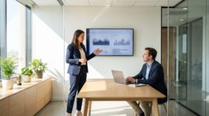 Two colleagues in a bright glass-walled meeting room beside a tall window discuss a wall-mounted display showing indistinct dashboard shapes; one stands and gestures towards the screen while the other works at a light wood table with an open laptop, with plants on a low sideboard.