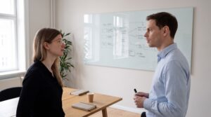 Two colleagues in business-casual clothing stand at a whiteboard in a bright meeting room with tall windows, working through a network access diagram together, with laptops and a coffee cup on the light oak table behind them.