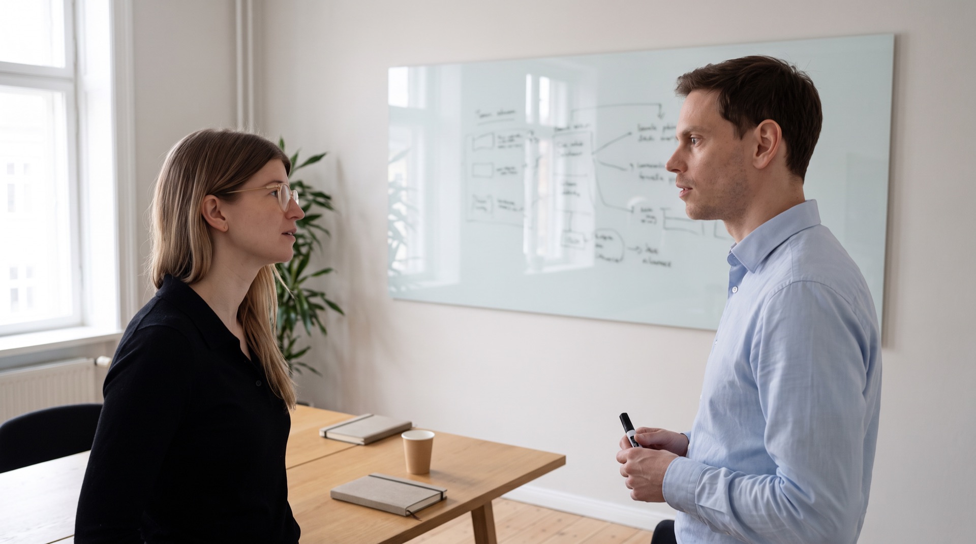 Two colleagues in business-casual clothing stand at a whiteboard in a bright meeting room with tall windows, working through a network access diagram together, with laptops and a coffee cup on the light oak table behind them.