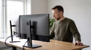 Two colleagues in business-casual clothing in a bright meeting room beside a tall window, one standing and pointing at a wall-mounted display showing indistinct dashboard shapes, the other seated at a light oak table with an open laptop.