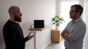 A network engineer in business-casual clothing stands at a standing desk in a bright open-plan office, reviewing a multi-site firewall inventory on two monitors, with a printed rack diagram on the desk and daylight from a floor-to-ceiling window.