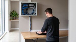 A network engineer in business-casual clothing stands at a workbench in a bright branch equipment room, comparing two rackmount security appliances side by side, with daylight falling from a window at the end of the room.