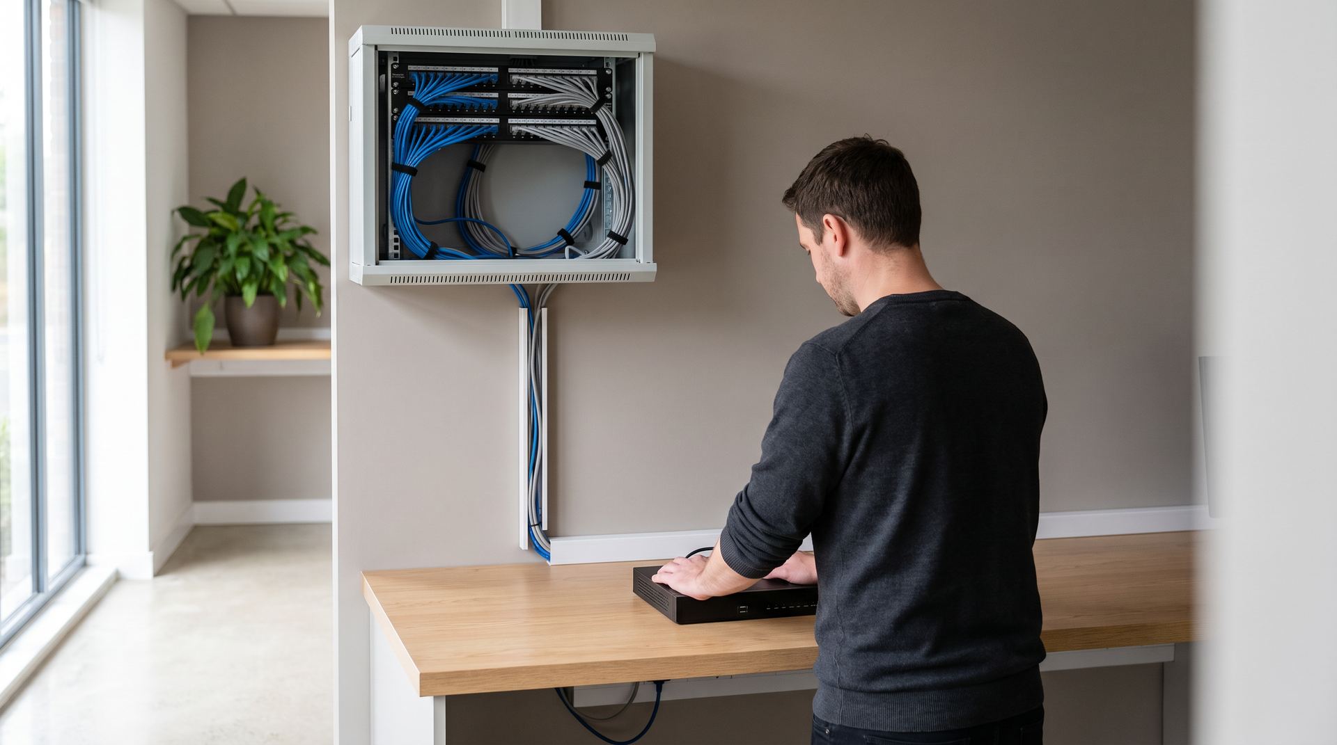 A network engineer in business-casual clothing stands at a workbench in a bright branch equipment room, comparing two rackmount security appliances side by side, with daylight falling from a window at the end of the room.