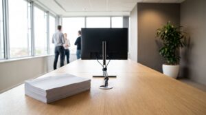Two colleagues in business-casual clothing sit at a meeting-room table in early-afternoon daylight, working through a printed contract schedule and a laptop spreadsheet side by side, with a window and a single plant behind them.