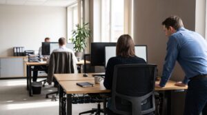 Two colleagues in a managed service provider's open-plan office: one seated at her desk with her back to the camera, the other standing beside her and leaning on the desk edge, both looking at her screen while colleagues work on at desks behind them.