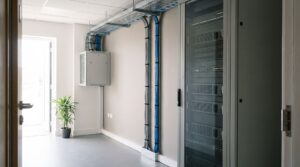 A network engineer in business-casual clothing stands in a bright equipment room checking labels on the front of a floor-standing comms cabinet, with a second engineer seated at a bench in the background and daylight from a window at the end of the room.