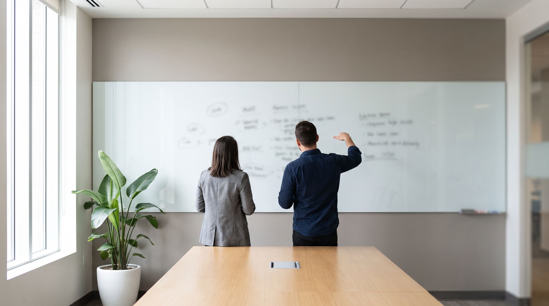 Three colleagues in business-casual clothing stand around a meeting-room table in early-afternoon daylight, one pointing at a printed project schedule while a laptop shows a network diagram, with a window and a plant behind them.