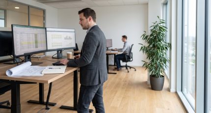 A network engineer in business-casual clothing stands at a wide desk in a bright, modern office with large windows and soft daylight, reviewing a network inventory on two monitors that show indistinct interface shapes, with a colleague seated further back in the room.