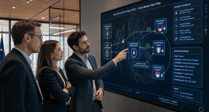 Compliance team reviewing a SASE data flow diagram in a Brussels office.
