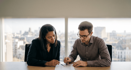 Managing director and IT manager reviewing a printed compliance checklist at a boardroom table in a Belgian office