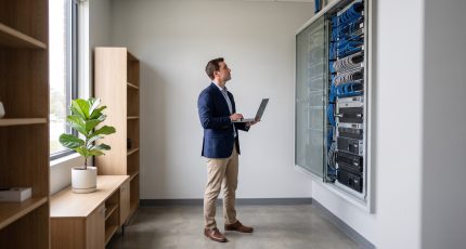 A network engineer in business-casual clothing stands beside a full-height wall-mounted comms cabinet in the bright, tidy back office of a branch location, holding an open laptop and checking the equipment, with daylight from a large window and a colleague working at a desk further back.