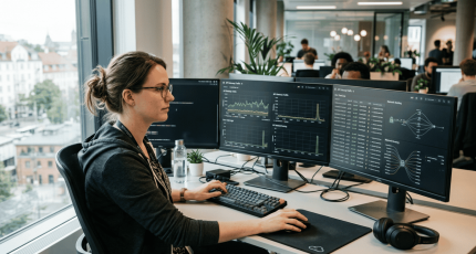 Platform engineer reviewing an API gateway traffic dashboard at a multi-monitor workstation.