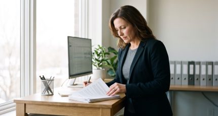 IT manager in a small office reviewing a printed inventory list next to a monitor showing a spreadsheet of expiry dates