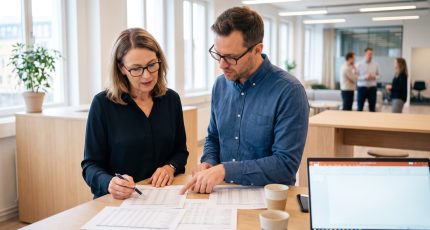 Finance manager and IT manager at an office table comparing printed telecom invoices, calculator and laptop on the desk