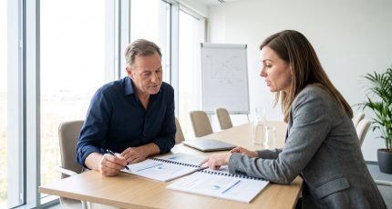 Business owner and IT consultant reviewing two printed service quotes side by side at a meeting table in a small office