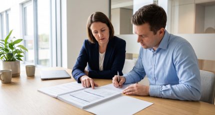Compliance manager and IT lead reviewing a printed framework document together at a bright modern office table