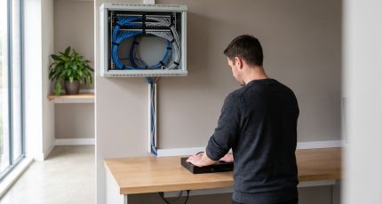 A network engineer in business-casual clothing stands at a workbench in a bright branch equipment room, comparing two rackmount security appliances side by side, with daylight falling from a window at the end of the room.