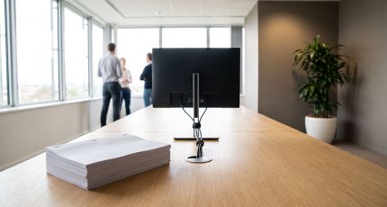 Two colleagues in business-casual clothing sit at a meeting-room table in early-afternoon daylight, working through a printed contract schedule and a laptop spreadsheet side by side, with a window and a single plant behind them.