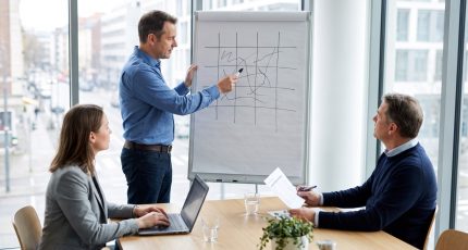 Small cross-functional team in a bright meeting room working through a printed risk matrix on a table with laptops open