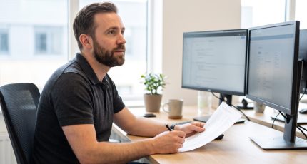IT manager at a bright desk reviewing an application inventory on screen while making notes on a printed list