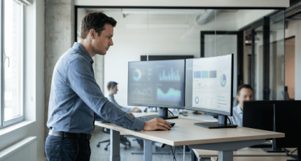 IT security analyst reviewing access monitoring dashboards in a modern European office.