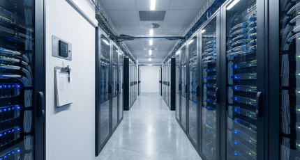 Well-organised server room in a Belgian mid-market company with a compliance checklist attached to a server rack