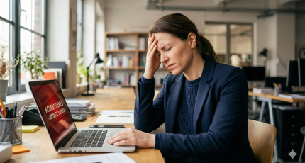 Office worker frustrated by web filter blocking access to website, a common problem solved by Remote Browser Isolation