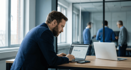 IT manager reviewing access on a laptop in a European mid-market office, representing BYOD security without a device agent.