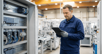 Engineer reviewing industrial control systems on a mid-market factory floor.