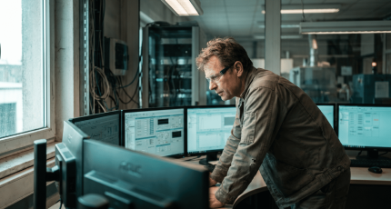 Control room operator monitoring SCADA systems at a European industrial facility.