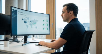 IT security specialist in a modern office monitoring the Jimber FWaaS cloud security dashboard, featuring a global traffic map and firewall status indicators on a curved monitor.