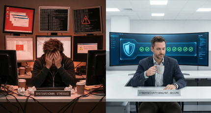 Split-screen comparison showing the chaos of managing multiple security tools versus the efficiency of the Jimber unified SASE platform