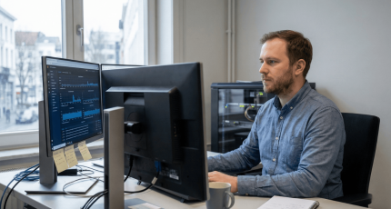 IT manager in a mid-sized office analyzing the Jimber SASE network dashboard on dual monitors.