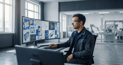 Quality engineer reviewing CRA compliance data in a modern European factory control room